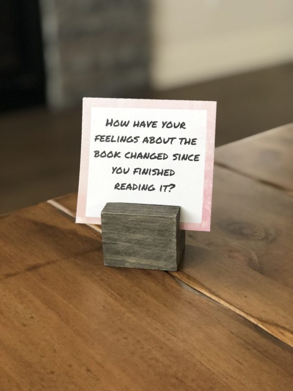 Book Club Discussion Questions for Hostess to display in home for entertaining book club members displayed PDF with questions prompts on wooden display holder