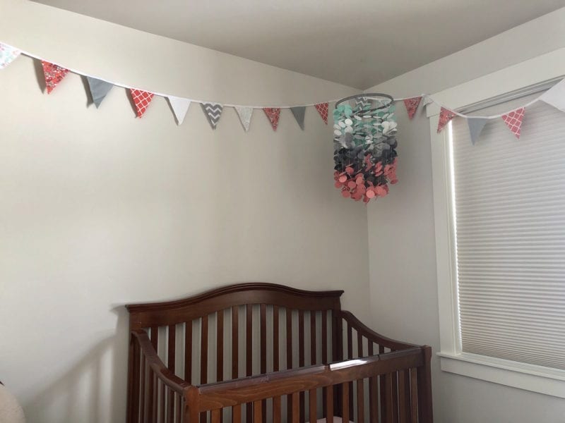 nursery bunting decorate baby newborn bedroom layette white gray grey pink girl boy crib chevron mobile