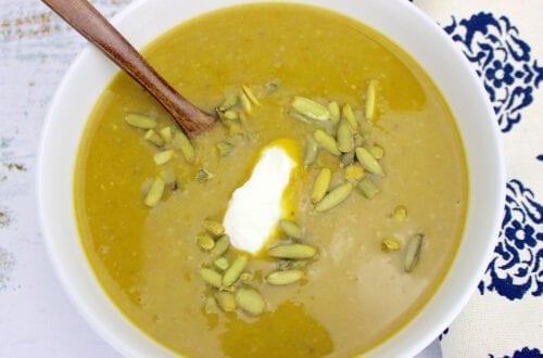 split pea vegetable soup made with carrots celery onion broccoli mushrooms chicken broth sugar free grain free healthy with sour cream and pumpkin seeds